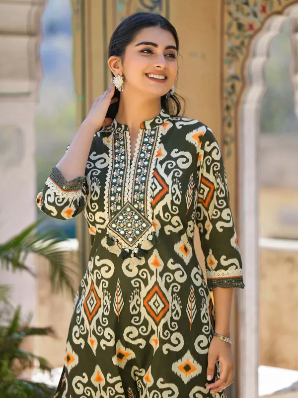 Olive cotton silk kurti set in printed