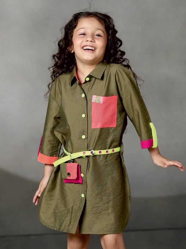Olive cotton silk mini dress with belt elegance
