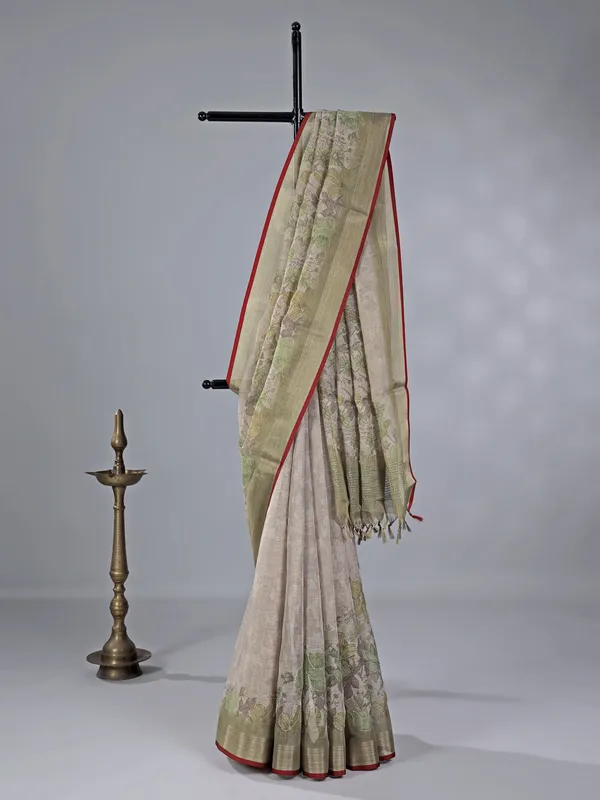 Olive cotton silk saree with thread and sequins