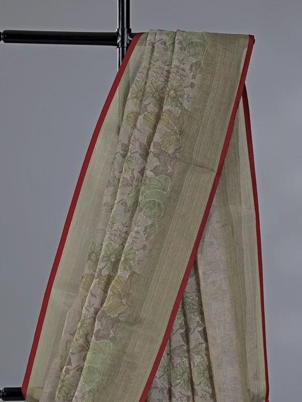Olive cotton silk saree with thread and sequins