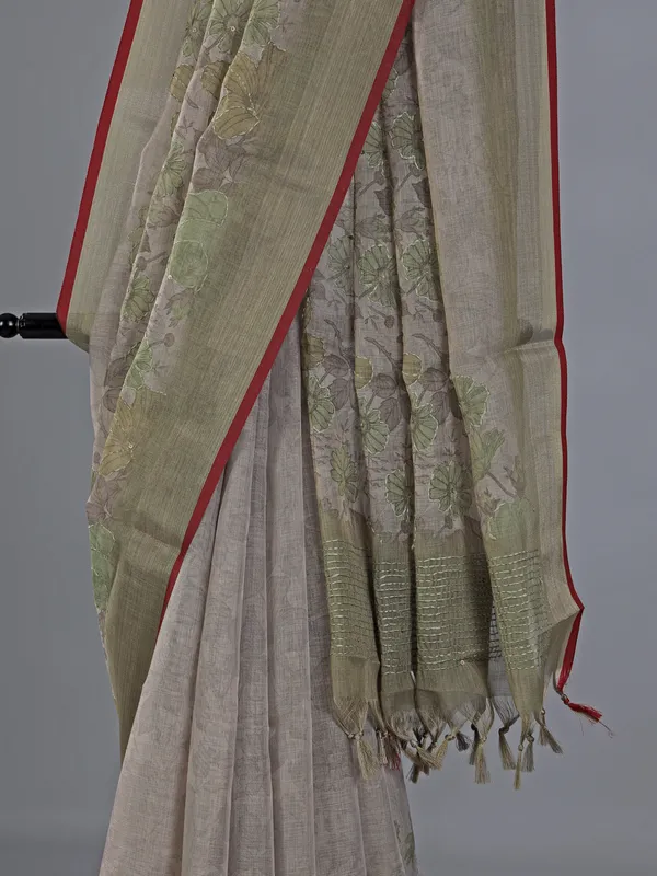 Olive cotton silk saree with thread and sequins