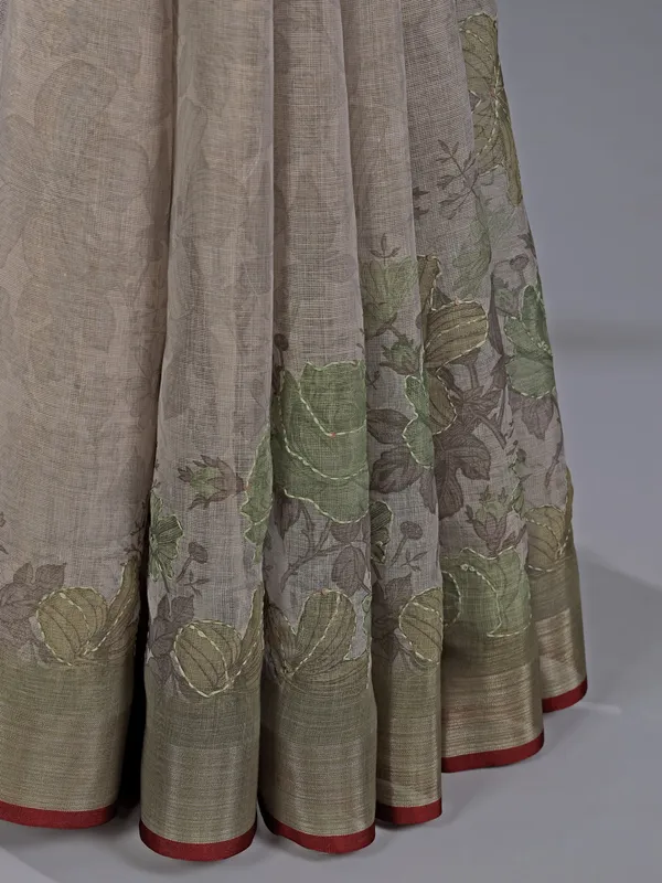 Olive cotton silk saree with thread and sequins