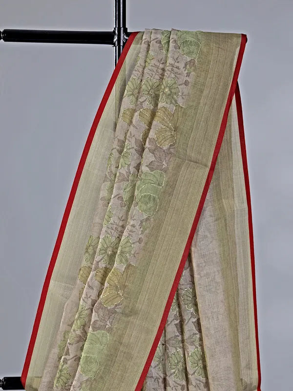 Olive cotton silk saree with thread and sequins