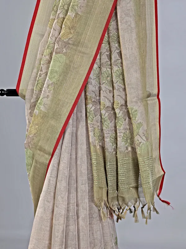 Olive cotton silk saree with thread and sequins