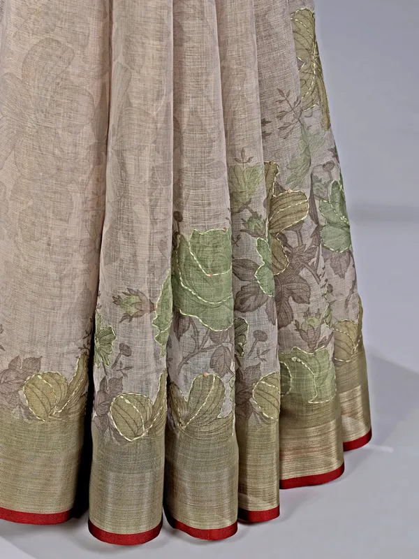 Olive cotton silk saree with thread and sequins
