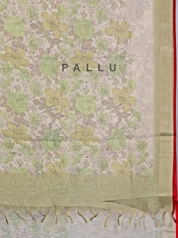 Olive cotton silk saree with thread and sequins
