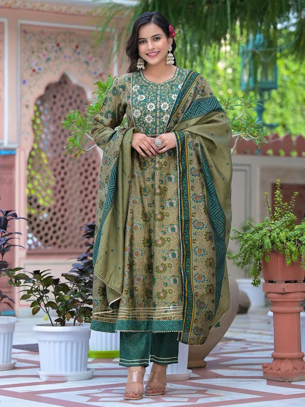 Olive crepe kurti set with dupatta