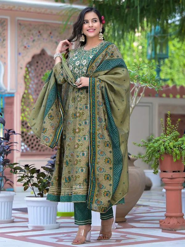 Olive crepe kurti set with dupatta