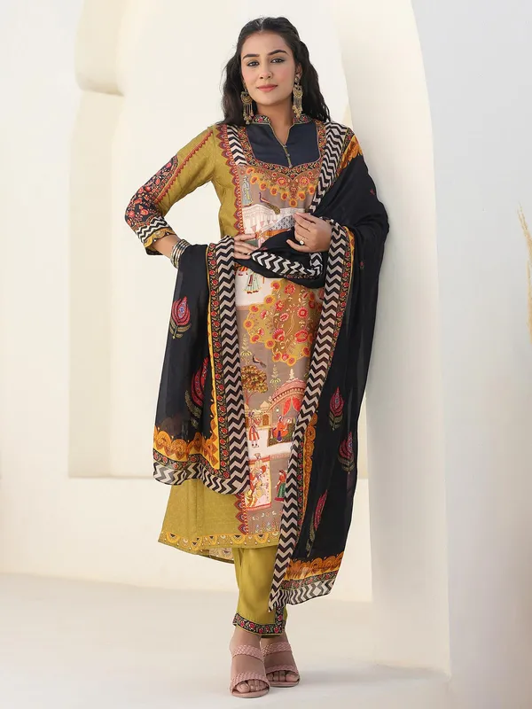 Olive dola silk printed kurti set