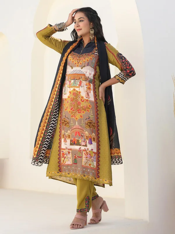 Olive dola silk printed kurti set