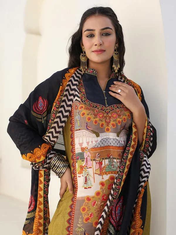 Olive dola silk printed kurti set