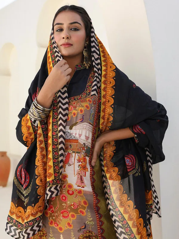 Olive dola silk printed kurti set