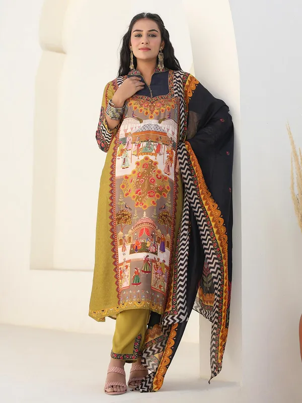 Olive dola silk printed kurti set