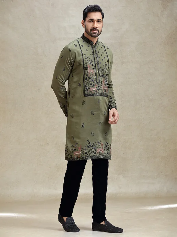 Olive embroideried kurta pajama set for festive look