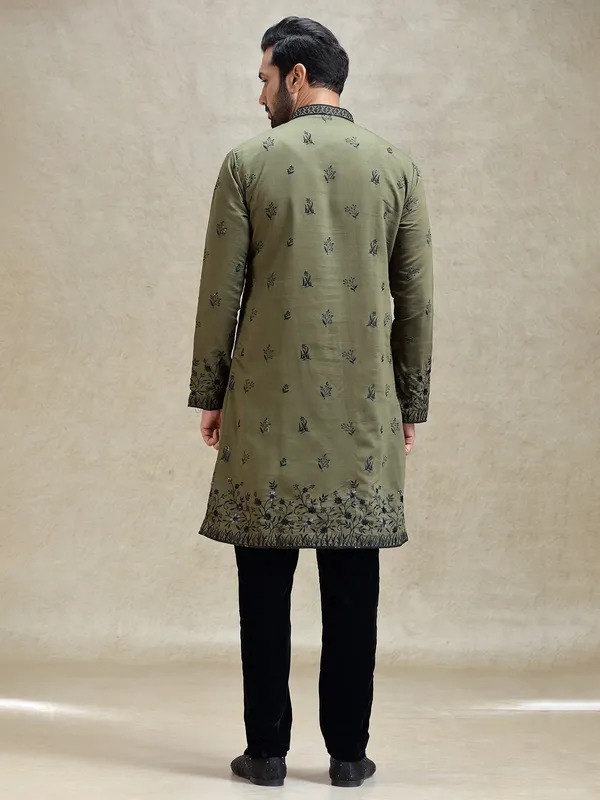 Olive embroideried kurta pajama set for festive look