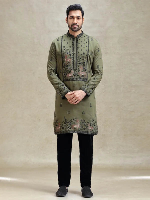 Olive embroideried kurta pajama set for festive look