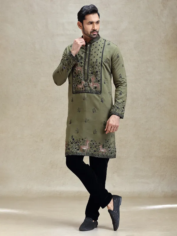 Olive embroideried kurta pajama set for festive look