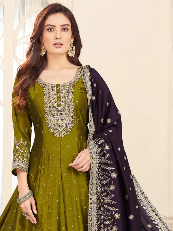 Olive festive wear silk salwar suit