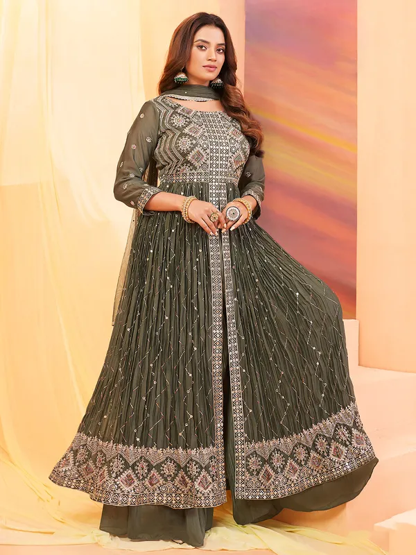 Olive georgette palazzo suit with front slit