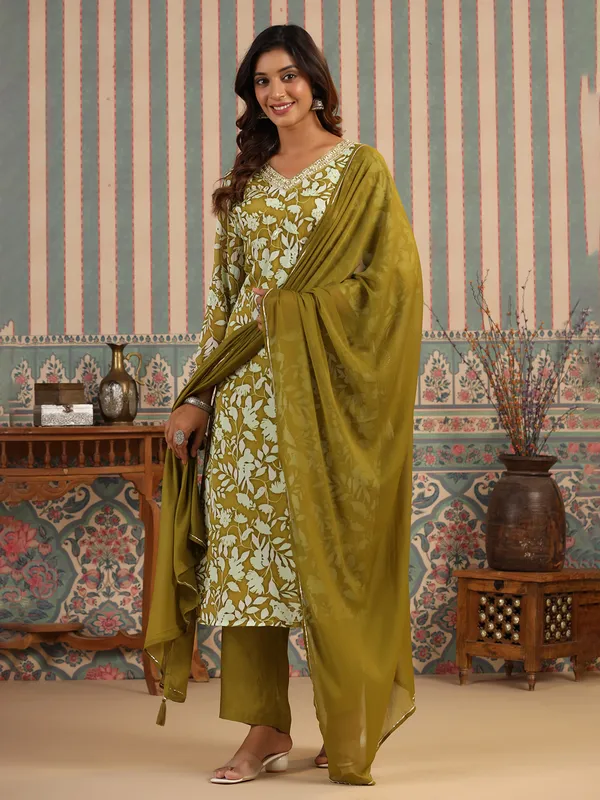 Olive georgette printed kurti set