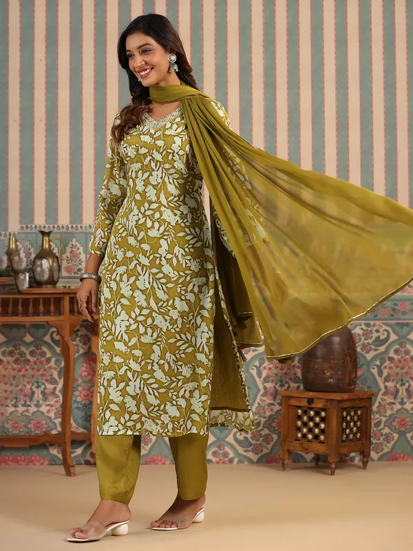 Olive georgette printed kurti set