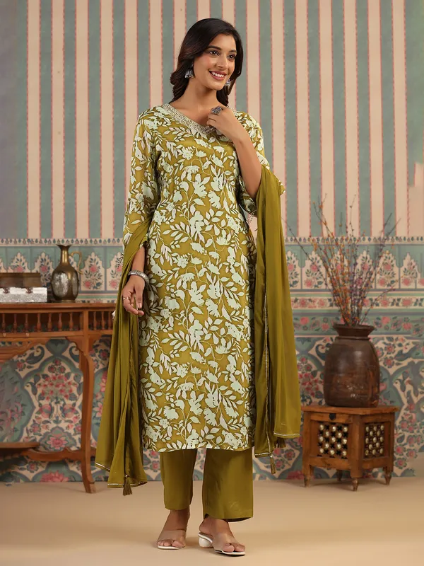 Olive georgette printed kurti set
