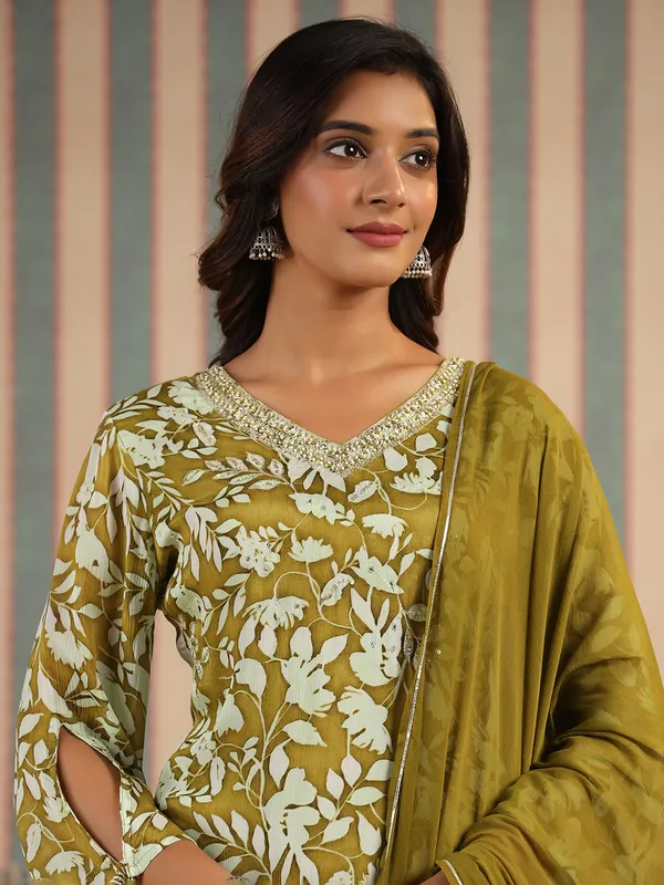 Olive georgette printed kurti set