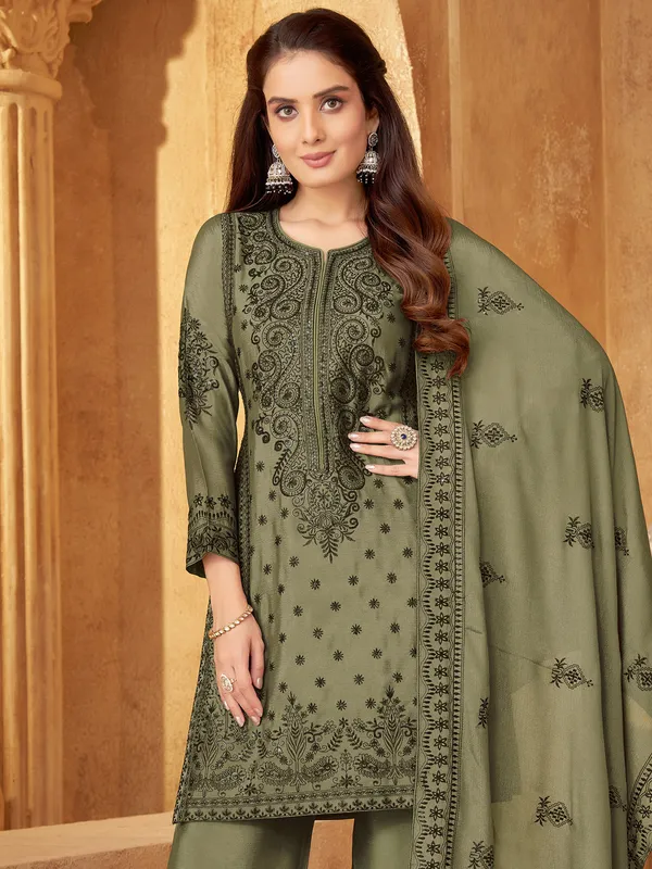 Olive georgette salwar suit in embroidery