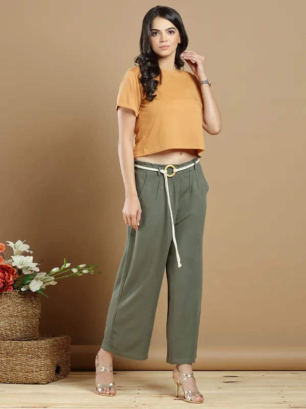 Olive green linen casual look palazzo pant