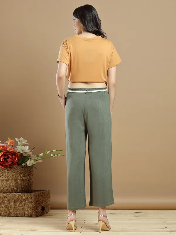 Olive green linen casual look palazzo pant