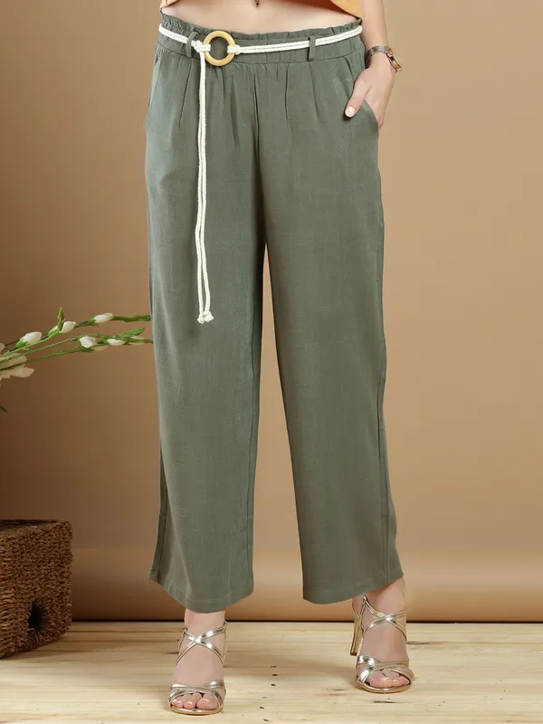 Olive green linen casual look palazzo pant