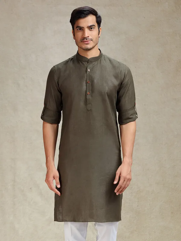 Olive green linen kurta for ethnic look