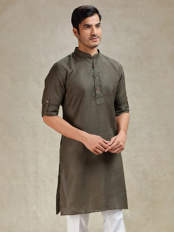 Olive green linen kurta for ethnic look