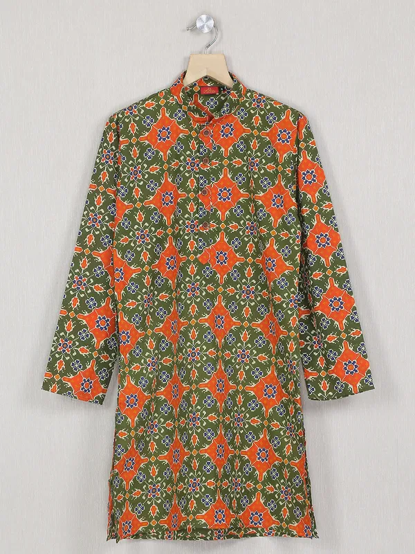 Olive green patola printed cotton kurta for boys