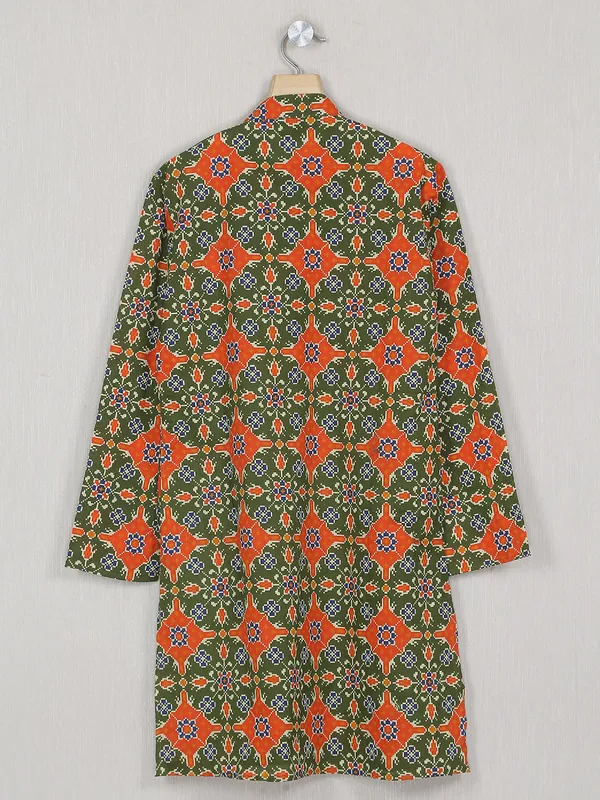Olive green patola printed cotton kurta for boys