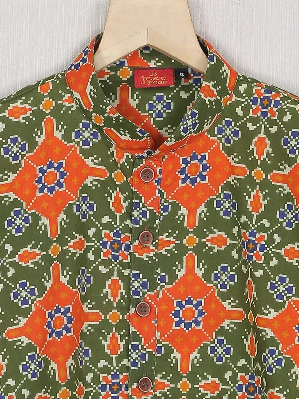 Olive green patola printed cotton kurta for boys