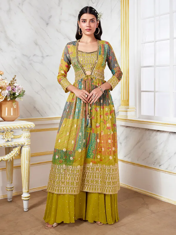 Olive jacket style printed palazzo suit