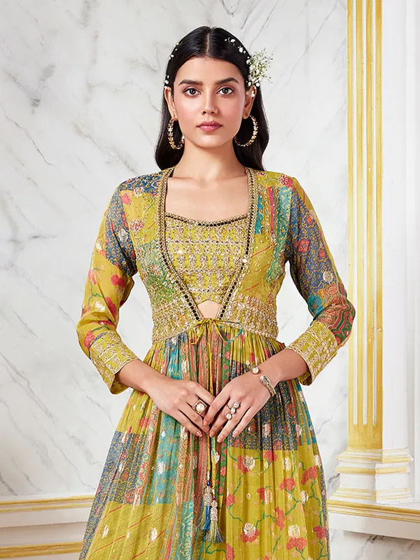 Olive jacket style printed palazzo suit