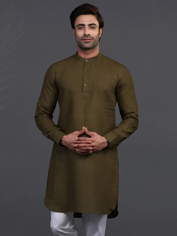 Olive linen kurta for festive days