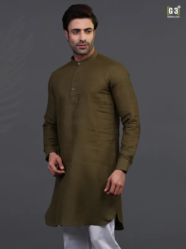 Olive linen kurta for festive days