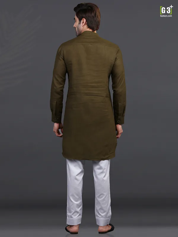 Olive linen kurta pajama for festive