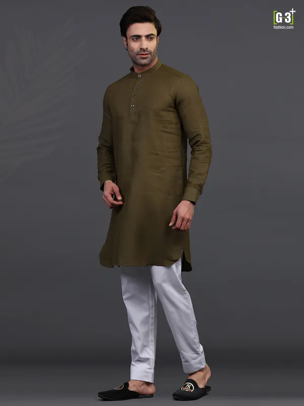 Olive linen kurta pajama for festive