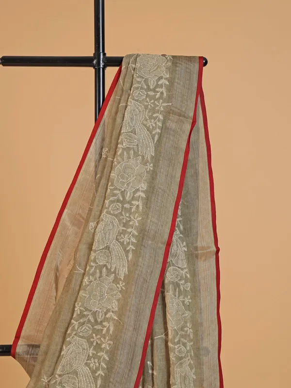 Olive linen printed saree