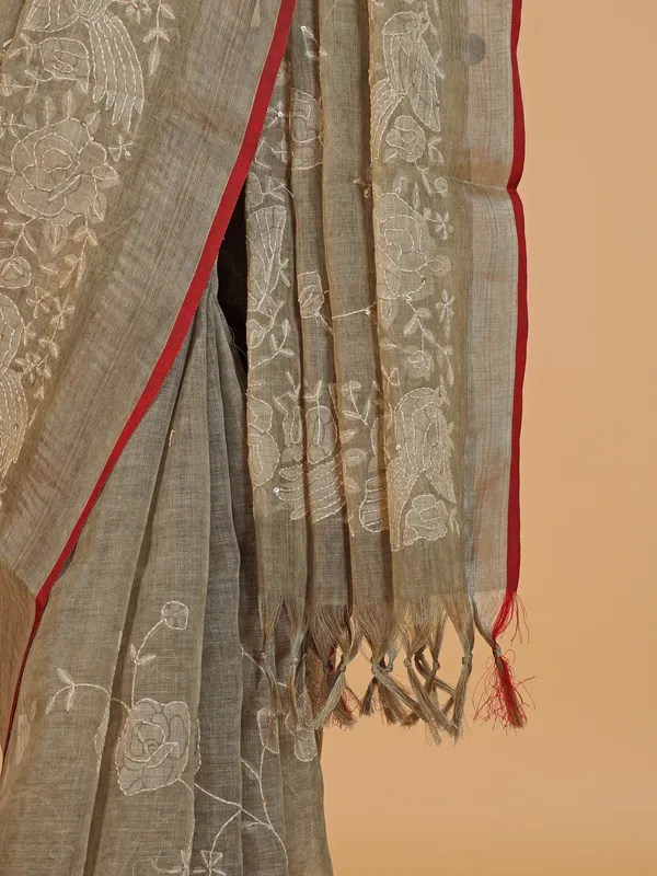 Olive linen printed saree