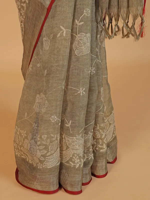 Olive linen printed saree