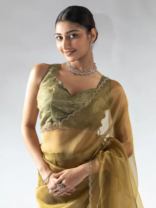 Olive organza ready to wear saree