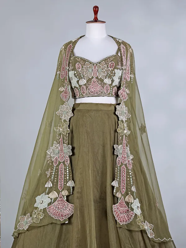 Olive organza silk embellished bridal lehenga choli