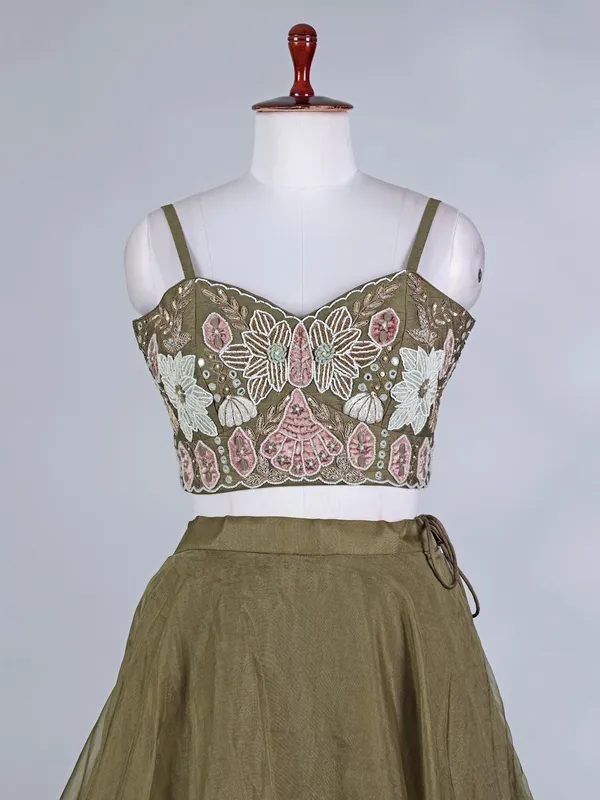 Olive organza silk embellished bridal lehenga choli