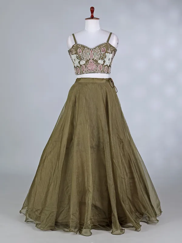 Olive organza silk embellished bridal lehenga choli