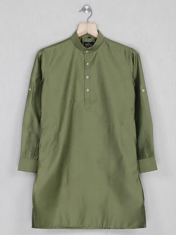 Olive plain festive wear kurta suit in cotton